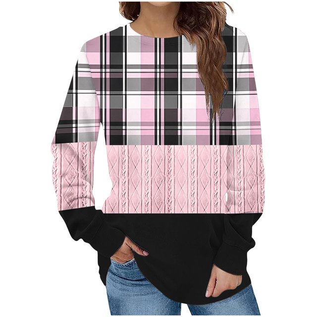 KIHOUT Chandails de Mode pour Femmes, Blouse Décontractée à Manches Longues à Carreaux Patchwork Imprimés, Col Rond, Coupe Ample, Chandail à Enfiler, Tailles P-2TG