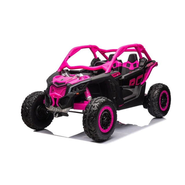 Officiellement Licencié LX Performance Can-Am Maverick 2x24V 4WD Edition Ensemble 2 Places pour Enfants Ride sur Buggy au design Rose et Noir vibrant. Comprend des Roues en Caoutchouc EVA, des Sièges en Cuir, des Lumières LED, des Portes à Ouverture Latérale et une Barre à Roulement. Équipé d'Un Système Audio, des Entrées de Carte MP3/AUX/USB/SD, Bluetooth et une Musique Intégrée. Alimenté par Deux batteries 24V avec des Moteurs Améliorés 4x200W, Offrant des Vitesses de 8-12 Km/h et