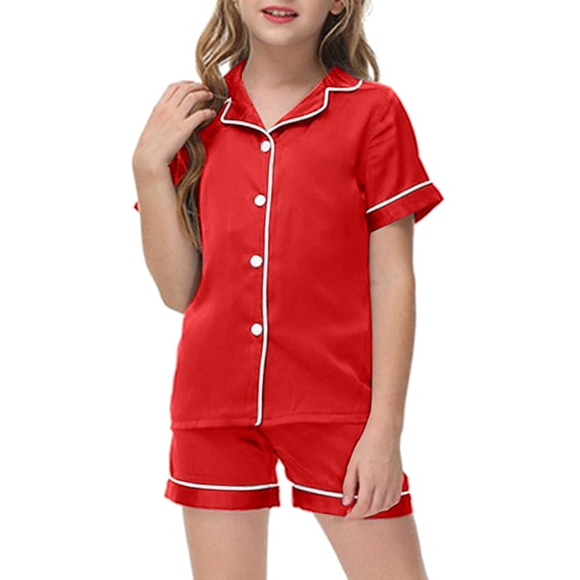 WEIYLL Ensembles de Pyjamas pour Filles Été Couleur Unie Manches Courtes Col Rabattu Shorts Classiques en Soie 2 Pcs Tenue de Nuit 12-13 Ans