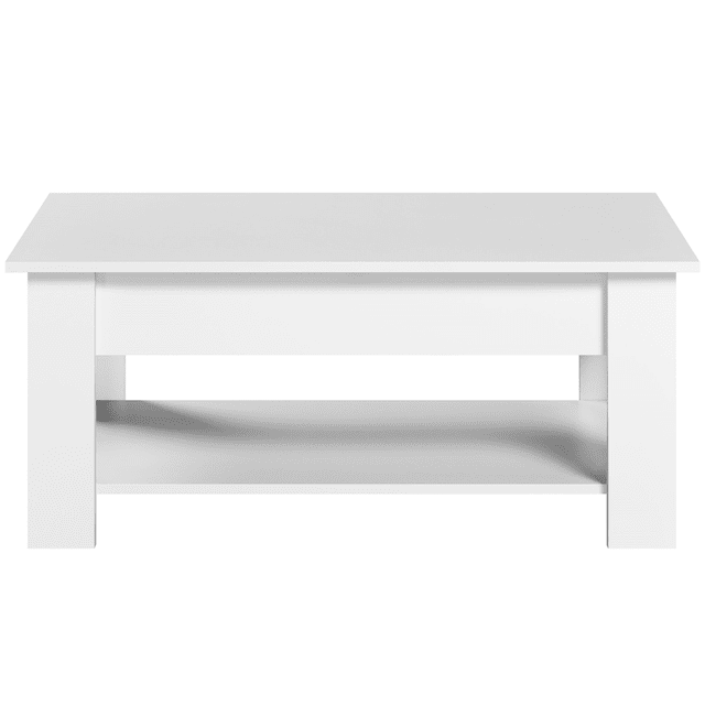 Fullfurnique Table Basse à Plateau Relevable avec Grand Compartiment Caché et Tablette Ouverte de Rangement en Blanc, Orientée vers l'Avant avec un Plateau Rectangulaire en MDF Qui s'Éléve jusqu'à 25 Pouces via une Étagère à Gaz en Métal, Révélant un Compartiment Caché Spacieux et une Tablette Ouverte Ajustable en Dessous, Convient aux Petits Salons et Appartements.