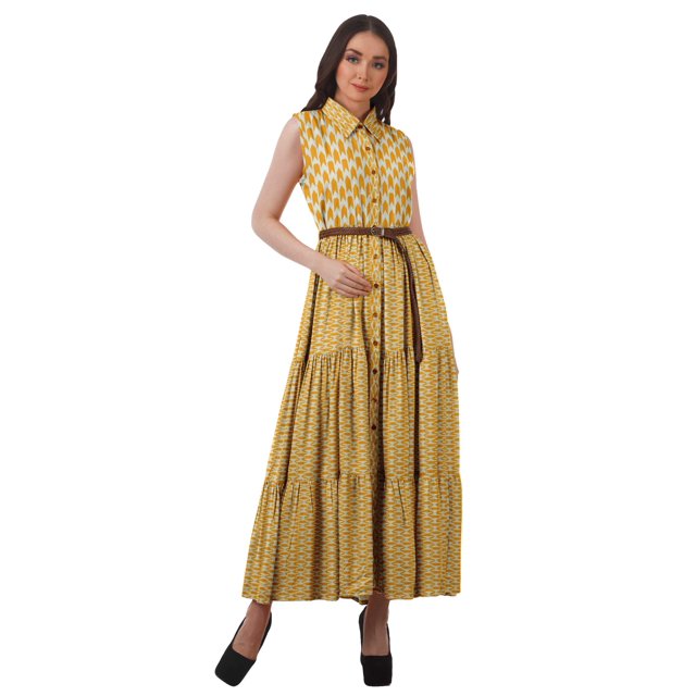 Moomaya Robes à Étages en Rayonne pour Femmes Imprimées Col Classique Robe-Chemise Femmes