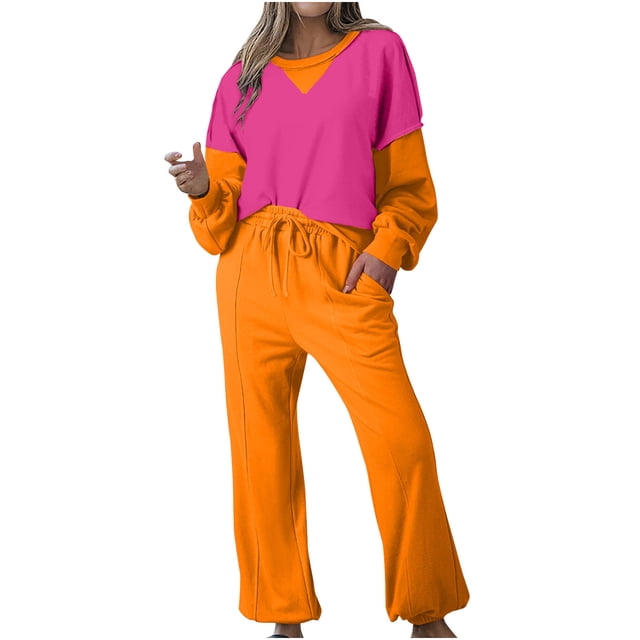 Posijego Survêtement pour Femmes 2 Pcs à Blocs de Couleur, Chandail à Col Rond, Chandails Molletonnés, Pantalons, Tenue de Détente, Ensemble de Sport