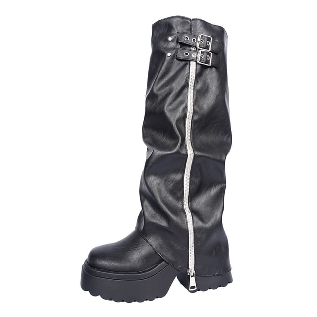 Black Tall Boots For Womens Round Toe Chunky Heel Knee High Winter ...