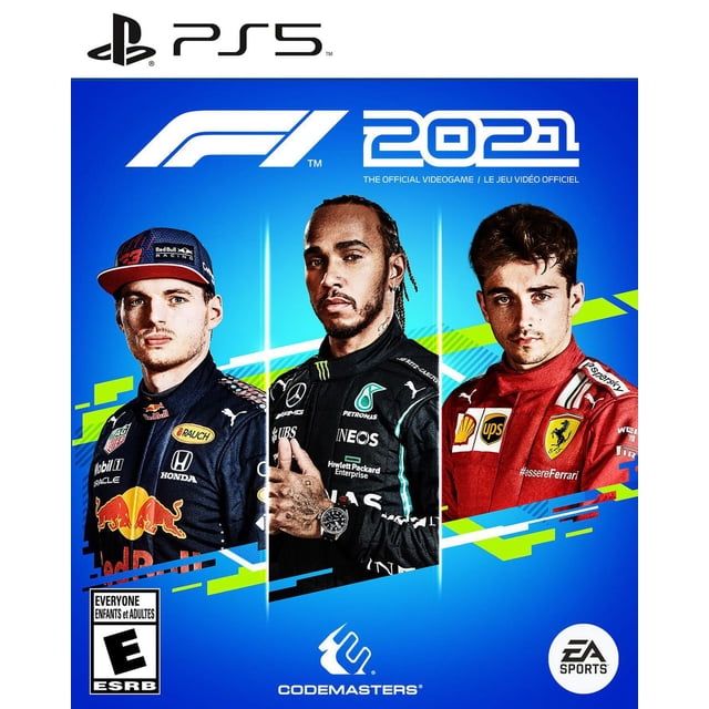 F1® 2021 (PS5) cover art featuring three Formula One drivers in official 2021 season racing suits from Red Bull Racing, Mercedes-AMG Petronas, and Ferrari, set against a blue background with the F1 2021 logo, PlayStation 5 branding, and Codemasters and EA Sports logos.