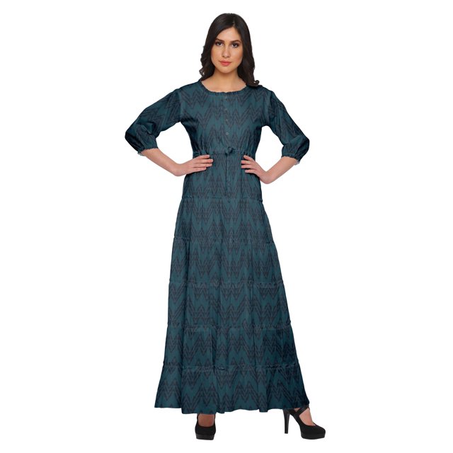 Moomaya Robe Longue Évasée Imprimée pour Femmes Manches 3/4 Col Rond Tenue Décontractée