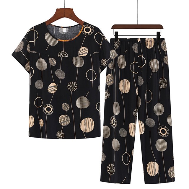 Weiqiqre Pyjamas pour Femmes Ensemble 2 Pcs en Lin Manches Courtes Imprimé Floral Ensembles de Détente Col Ras du Cou Tenues d'Été