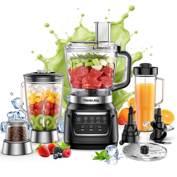 HoninJoy Le Mélangeur et Robot Culinaire Tout-en-un, un Mélangeur Professionnel 10 en 1, avec 4 Programmes Automatiques Prédéfinis pour les Smoothies, la Pâte à Biscuits, les Salsas, le Hachage, le Broyage, le Tranchage, le Râpage, la Salade de Chou et Bien Plus Encore.