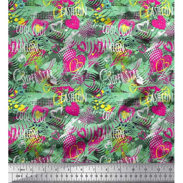 Soimoi Green Moss Georgette Fabric Heart,Star & Fashion Text Fabric Prints By Yard 42 Inch Wide