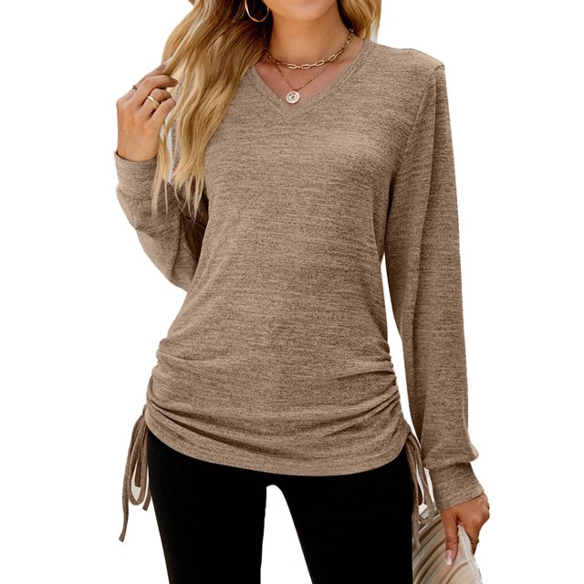 Jsaierl Womens Casual Side Drawstring Tops Solid Color Long Sleeve V Neck Blouses Ruched Hide Belly Workout Tunics Fall Winter Warm Soft Pullover
