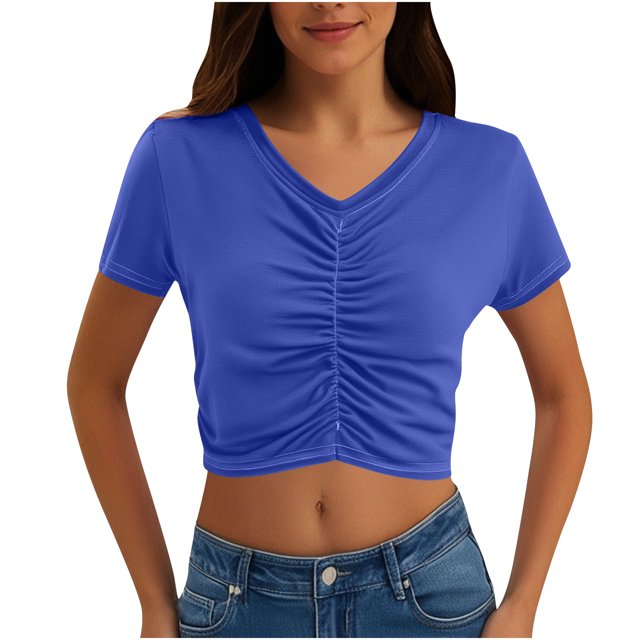 Timegard Summer Tops for Women V Neck Ruched Short Sleeve Crop Top Casual Slim Solid Color Tee Fashion
