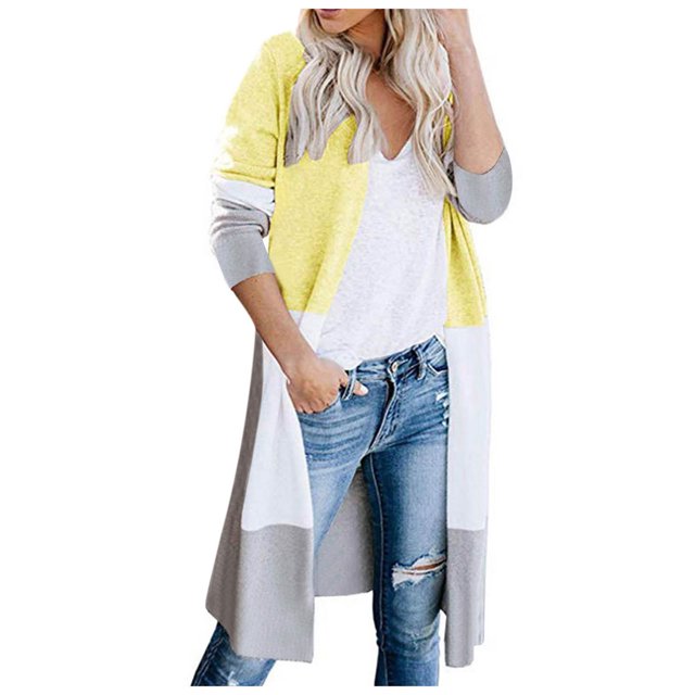 Cardigans Longs pour Femmes Légers Cardigan à Panneaux à Rayures Contrastantes avec Poches Veste Longue