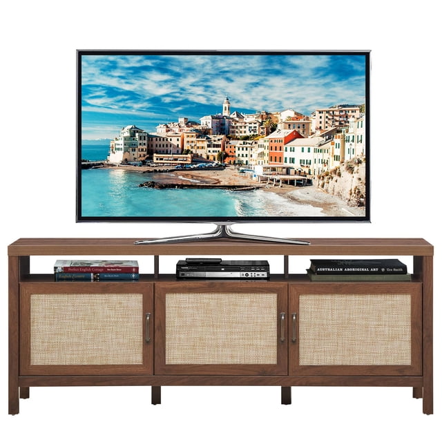 Giantex Mid-Century TV Stand, Entertainment Center w/3 Rattan Doors & Interior Adjustable Storage Shelves, Walnut