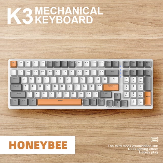 EGNMCR Keyboard Gaming Keyboard Computer Desktop Gaming Keyboard with 100 keys, Type-C wired connectivity, and RGB LED backlighting. Features anti-ghosting technology, ergonomic design, and red mechanical switches for precise typing and gaming. Includes orange and grey keycaps, multimedia keys, and function keys.
