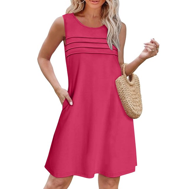 Ovzne Robes d'Été pour Femmes Robe d'Été pour Femmes Couleur Unie Ample Sans Manches Col Rond devant Plissé Robe Courte Grande Taille Robe Maxi Liquidation