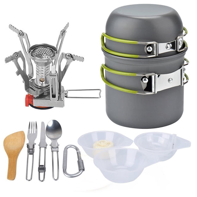Portable Camping Pot Set Aluminum Alloy Pot Foldable Stove Stainless by PEPISKY. Includes aluminum alloy pots with non-stick, insulated handles, foldable stainless steel stove with control valve, stainless steel cutlery, bamboo shovel, plastic spoon, and cleaning ball. Comes with a mesh bag and cutlery storage bag for easy portability. Ideal for camping, hiking, fishing, and picnics.