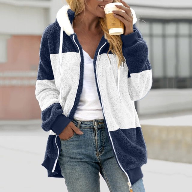 EGNMCR Womens Winter Fuzzy Fleece Jacket Hooded Drawstring Color Block Patchwork Cardigan Zipper Pullover Coats Outerwear with Pockets