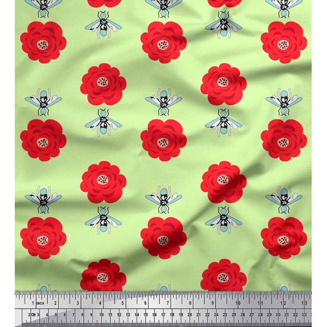 Soimoi Rayon Fabric Floral & Bee Insects Printed Craft Fabric by The Yard 56 Inch Wide