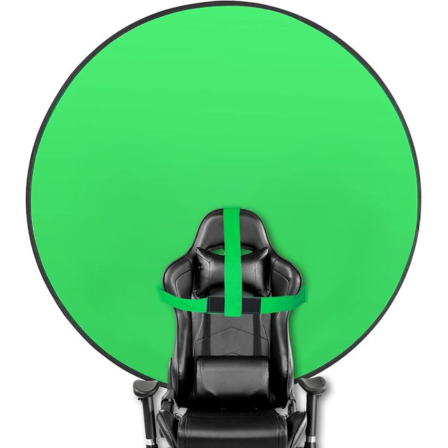 Green Screen Diameter 145cm, Foldable Green Backdrop, Portable Chroma Key Green attached to a black chair. The circular green screen is made of pure cotton with anti-wrinkle properties and measures 145cm in diameter when unfolded. It features a strap for easy attachment to chairs, making it ideal for YouTube tutorials, live videos, interviews, and photography. The foldable design allows it to collapse to 50cm for portability and storage in the included zipper bag.