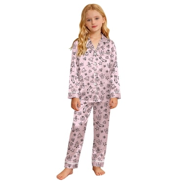 MIASHUI Ensembles de Vêtements de Nuit pour Filles pour Enfants, Haut de Pyjama à Manches Longues Douillet et Pantalon, Tenue de Nuit pour un Confort Quotidien à la Maison, Soirées Festives en Famille, Rose Pâle, 7-8 Ans