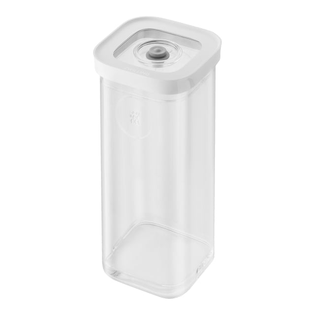 ZWILLING Fresh & Save CUBE Cube Box 3S, a transparent-white food storage container with a modern modular design. Features a durable, BPA-free, scratch-resistant material and an airtight lid for preserving freshness. Compatible with the Fresh & Save vacuum pump for extended storage. Dimensions: 22.8 x 10.7 x 10.7 cm.