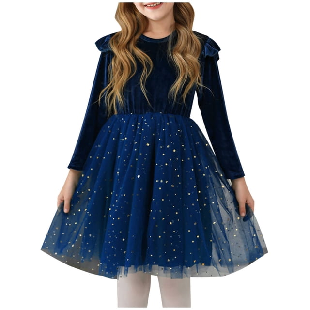Floleo Girls Velvet Princess Dress Long Sleeve Ruffle Hem Party Gown A Line Party Dresses for Holiday Birthday Performance Formal Events(Light Blue,9-10 Years)