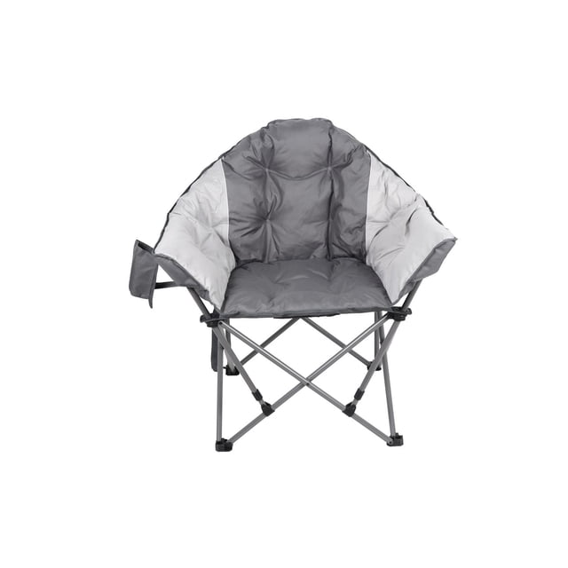 Ozark Trail Club Chair, Grey/Black, Adult, Polyester, front-facing padded camping chair with grey and light grey polyester fabric, durable steel frame with cross-braced legs and wide feet for stability, fabric cup holder on the right armrest, supports up to 300 lbs, and includes a carry bag for easy transport, suitable for outdoor camping and backyard use.