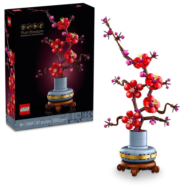 LEGO Icons Ensemble de Construction de Fleurs de Prunier Mettant en Vedette une Fleur de Prunier Artificielle à Construire avec des Pétales Rouge Vif et magenta sur des Tiges Brun Boisé, Ensemble dans un Pot de Fleurs Bleu pastel avec une Bande Dorée et un Socle Effet Bois, Convient à la Déco Florale et à la Construction Consciente, Fait Partie de la Collection Botanique LEGO pour Adultes 18+.