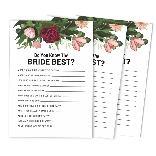 Inkdotpot 50-PackFloral GreeneryHow Well Do You Know The Bride Bridal Shower Bachelorette PartyGameWho Know The Bride Best ActivityCards