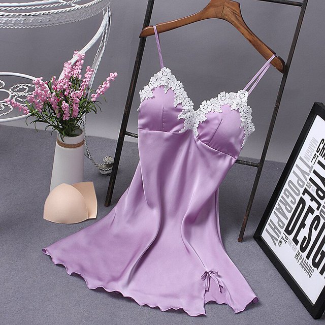 Pyjama de Nuit en Soie à Col en V pour Femmes, Nuisette, Lingerie, Robe de Nuit