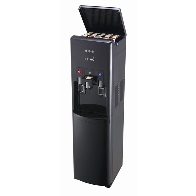 Primo Single Serve Bottom Load Water Dispenser in black with open top revealing stored K-Cup pods, three dispensing levers with red, gray, and blue buttons for hot, room temperature, and cold water, and a drip tray below, suitable for compact countertop use in kitchens or offices.