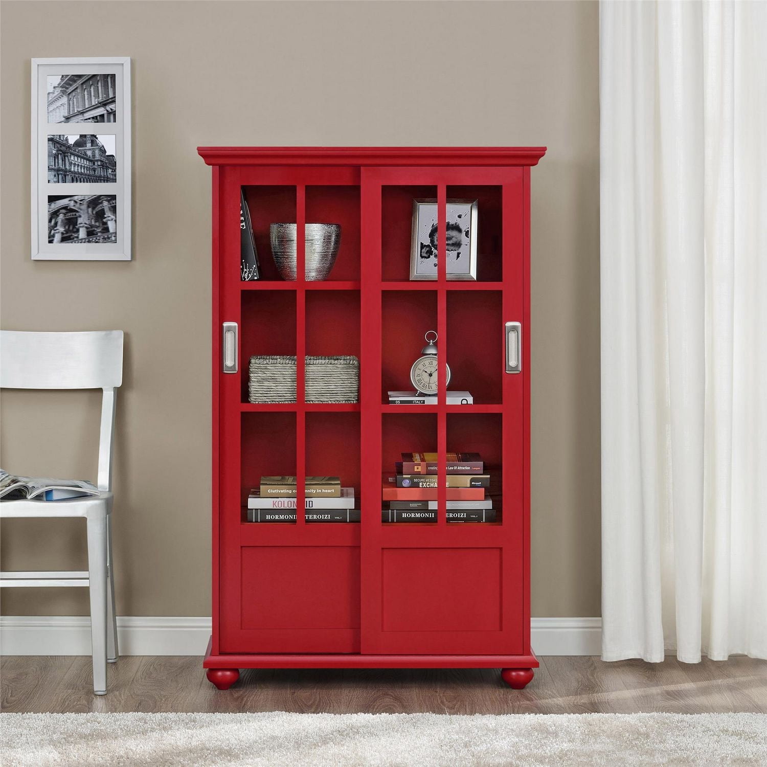 Ameriwood Home Aaron Lane Bookcase with Sliding Glass Doors, White