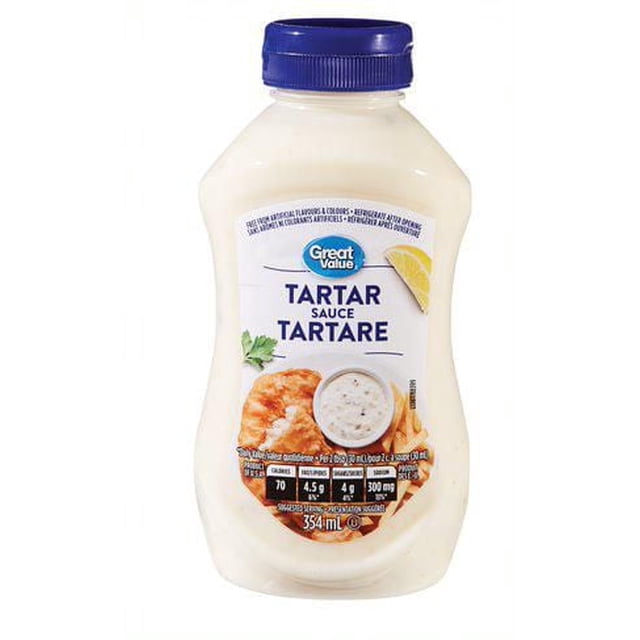Great Value Sauce Tartare dans une Bouteille en Plastique Compressible de 354 ml avec un Bouchon Bleu, Étiquetée avec de la Sauce Tartare Servie avec du Poisson Frit et un Quartier de Citron, Sans Arômes Ni Colorants Artificiels, un condiment Crémeux Convenant aux Fruits de Mer, aux sandwiches au Poisson et comme Sauce à Tremper pour les Aliments pour les Doigts.