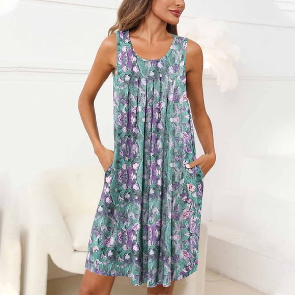Sakmal Blue Moomoo Womens Lightweight Vintage Knee Length Loungewear Floral Sleeveless Sleep Tanks with Pockets