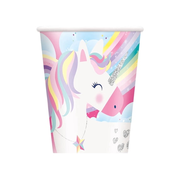 Gobelets en papier licorne arc-en-ciel rose 9 oz, 8 ct