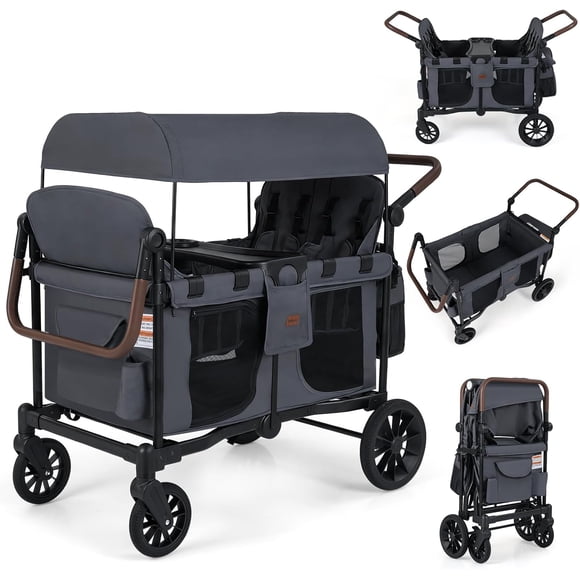 INFANS 4 Seater Wagon Stroller, All-Terrain Foldable Wagon for 4 Kids with Adjustable Push Pull Handles, 5-Point Harness, Detachable Seats, Snack Tray, Insulated Organizer, Removable Canopy
