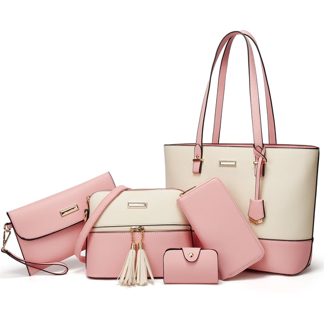 YNIQUE Purses and Handbags for Women, a 5-piece set including a satchel, shoulder tote bag, wallet, and clutch, made of high-quality PU leather with an alligator grain texture. The set features a pink and cream color scheme, gold-tone hardware, and a detachable shoulder strap. The tote bag measures 13.3 inches wide, 9.4 inches high, and 5.1 inches deep, with a handle drop length of 6.6 inches. Includes multiple pockets for organization, such as an exterior back zipper pocket and interior zipper and open-top pockets.
