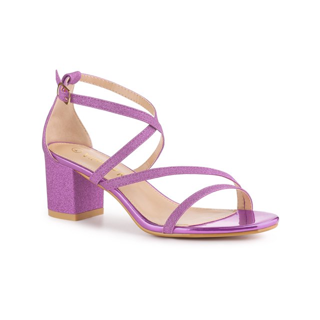 BLISSFUL STEP Women's Glitter Crisscross Strap Chunky Heels Sandals Purple (Size 9)