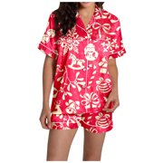 GDREDA Womens Pajamas Set Ladies Christmas Printed Silk Satin Short Sleeved Pajama Set Women Pajama Sets pyjamas Red,S