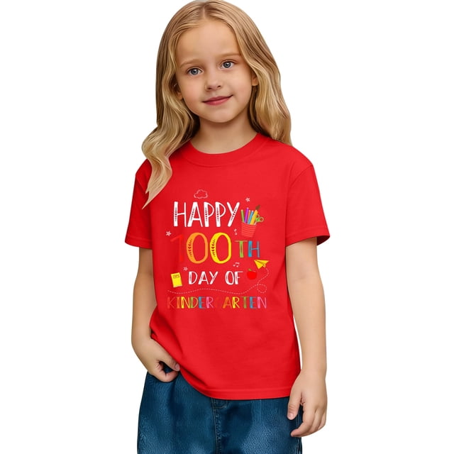 DHFJKG T-Shirt Joyeux 100e Jours d'École pour Tout-Petits Enfants Manches Courtes Col Rond Tee Décontracté Célébration Confortable Hauts