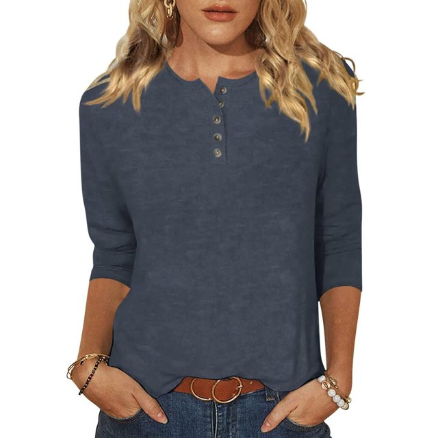 Yuyuzo Womens 3/4 Sleeve Tops Basic Button Crew Neck Solid Color Loose Fitted Tunics Tee Blouses