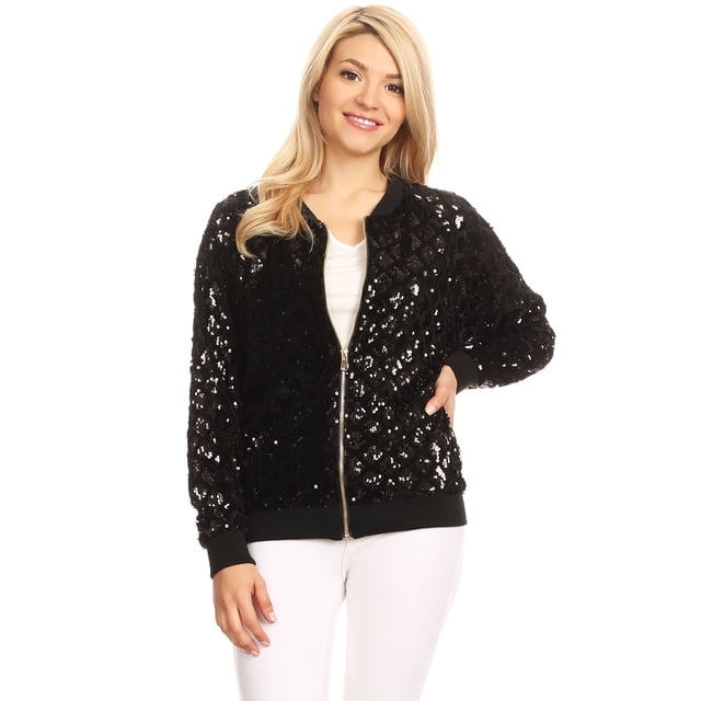 Veste à Paillettes pour Femmes à Manches Longues avec Fermeture Éclair Frontale et Poignets Côtelés