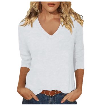 Women's V Neck Summer Seven Quarter Sleeve Casual Top - Polyester Material, Perfect for Daily Parties