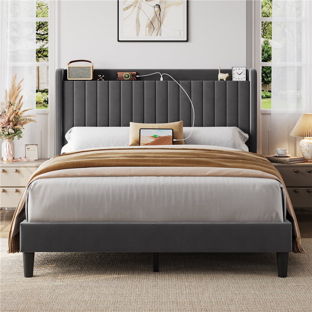 Yaheetech Velvet Upholstered Bed Frame with Charging Outlets & USB Ports, Queen, Dark Gray