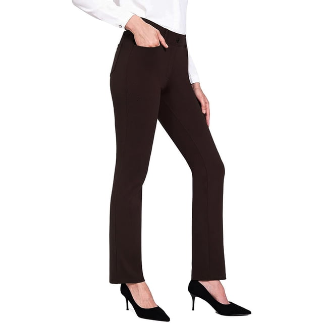 Kmbangi Women's Pants Solid Color High Waist Flared Trousers with Pockets in brown. These stylish women's bottoms feature a fitted high waist, flared legs, and functional side pockets. Made from polyester and spandex, ideal for casual, formal, or daily wear.