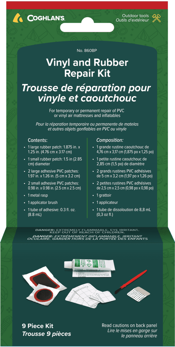 Coghlan's Kit de réparation vinyle et caoutchouc 9 pièces — Patchs adhésifs étanches pour gonflables et piscines
