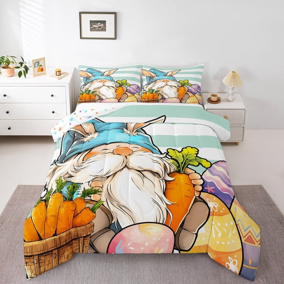 Erosebridal Gnome Print Comforter Sets , Easter Eggs Comforters & Duvets, Bunnies Carrot Reversible Duvet Insert, Breathable Bedroom Decor, 2 Pieces