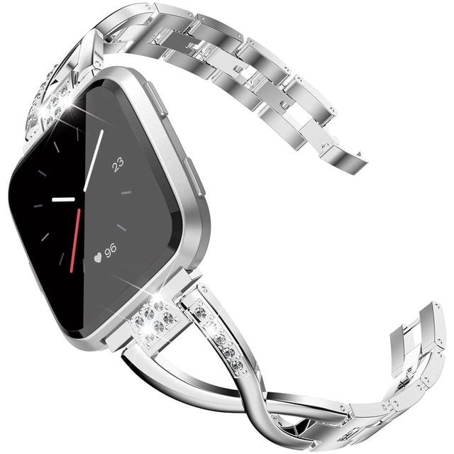 Bracelet Bling Compatible avec les Bracelets Fitbit Versa/Versa 2 pour Femmes, Accessoire de Montre Intelligente en Acier Inoxydable avec Strass Étincelants dans des Tons Argent et Or rose. Conçu pour les Montres Intelligentes Versa Lite, Versa SE et Versa 2, Ce Bracelet Habillé Convient aux Poignets de 5,3 à 8,1 Pouces. Léger et Élégant, Il Présente des Épingles à Dégagement Rapide pour une Fixation Facile et Transforme Votre Traqueur en Bijou.