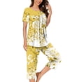 thumbnail image 3 of Pyjama pour Femmes Ensemble Liquidation Ensemble de Pyjama à Manches Courtes pour Femmes 2 Pcs Ensemble de Nuit d'Été Imprimé Floral Boutons Col Ras du Cou Pantacourt Ensembles de Pjs Pyjamas Douillets Nouveau Jaune m, 3 of 5