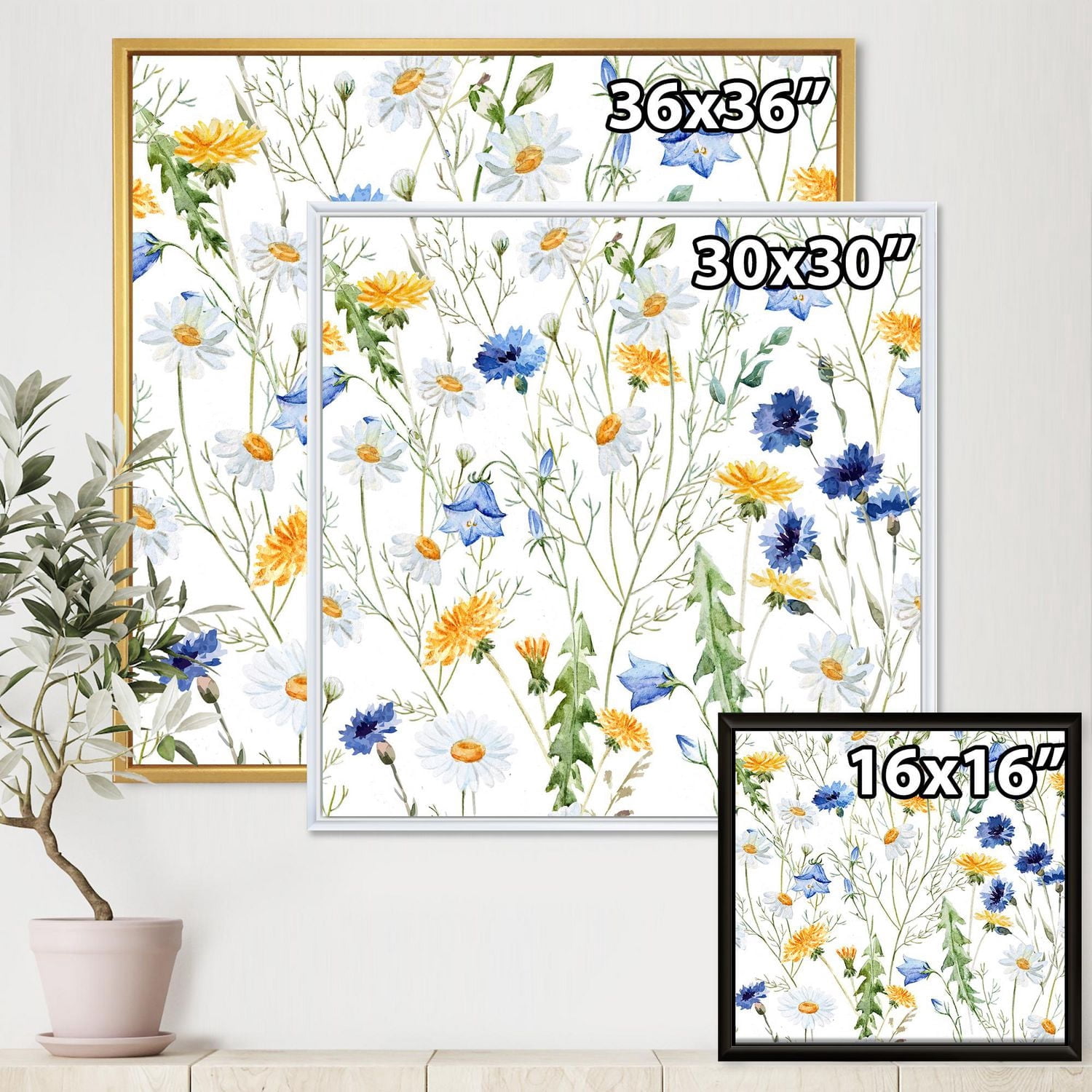 Designart Fleurs sauvages Camomille et Clover Bell II ART MURAL À CADRE FLOTTÉ