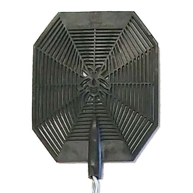 Fly Swatter with a black octagonal rubber plastic head featuring a spider web pattern and central spider design, mounted on a solid resistant metallic handle, made in Canada, ideal for insect control in garden and outdoor living areas.